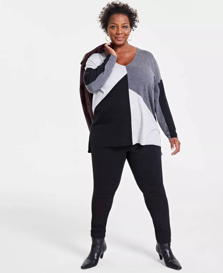 Plus Size Colorblocked Sweater, Created for Modazone Grey Black Combo - 4