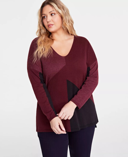 Plus Size Colorblocked Sweater, Created for Modazone Plum Tart - 1