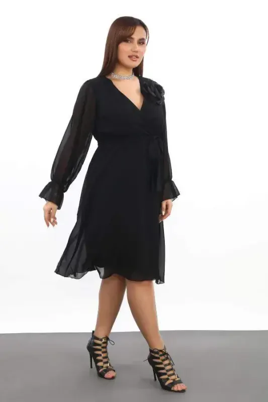 Plus Size Comfortable and Elastic Short Black Chiffon Dress KL3086 - BÜYÜKBEDENIZ