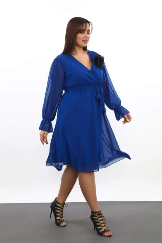 Plus Size Comfortable & Stretchy Short Saks Chiffon Dress KL3086 - BÜYÜKBEDENIZ