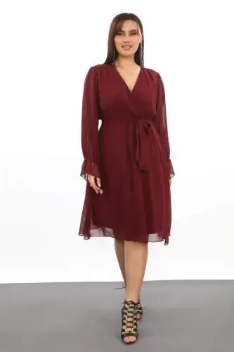 Plus Size Comfy Loose Short Burgundy Chiffon Dress KL3086 - BÜYÜKBEDENIZ (1)