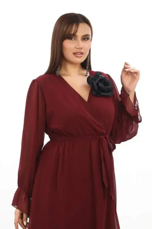 Plus Size Comfy Loose Short Burgundy Chiffon Dress KL3086 - 4