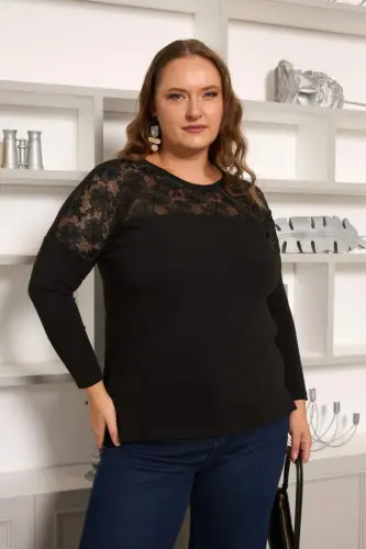 Plus Size Corded Lace Trimmed Blouse Black - 5