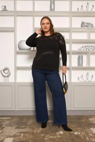 Plus Size Corded Lace Trimmed Blouse Black - 6