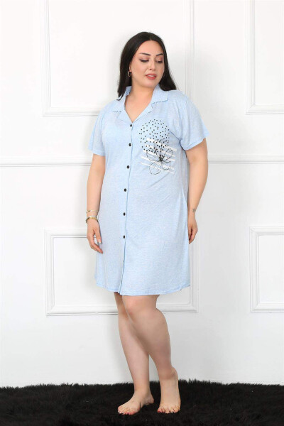 Plus Size Cotton Buttoned Blue Tunic Nightgown 1025 - 5