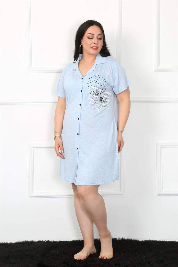 Plus Size Cotton Buttoned Blue Tunic Nightgown 1025 - 5