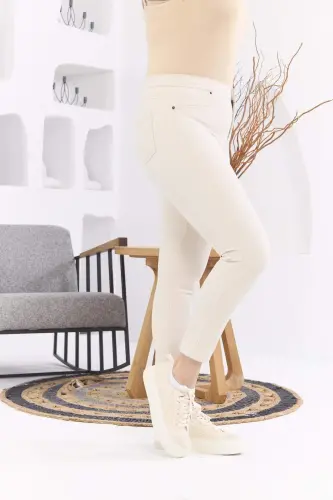 Plus Size Cotton Pants Cream with Pocket Detail - BÜYÜKBEDENIZ (1)