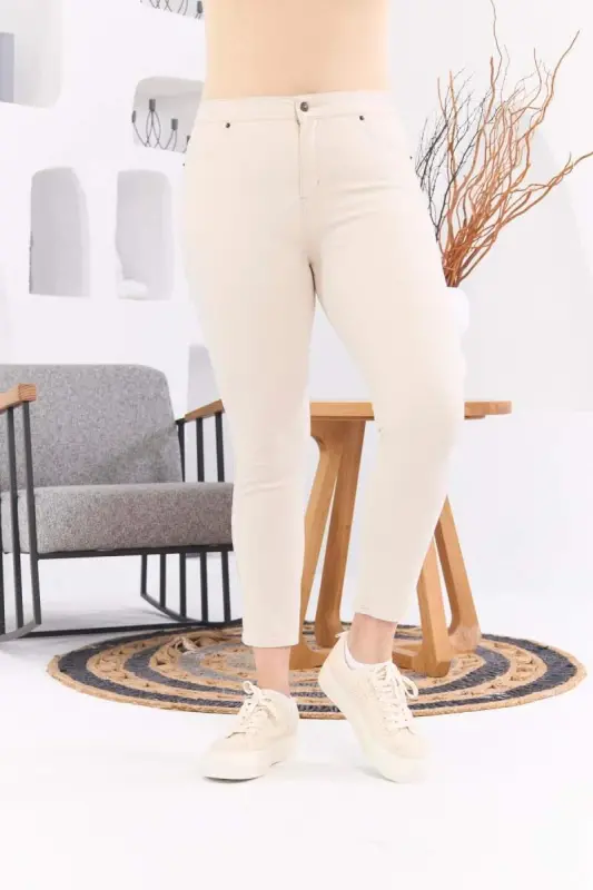 Plus Size Cotton Pants Cream with Pocket Detail - BÜYÜKBEDENIZ