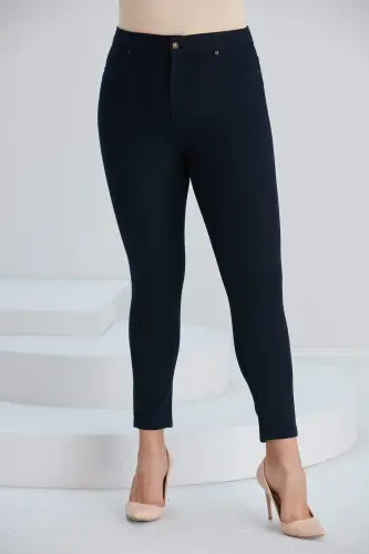 Plus Size Cotton Trousers Navy Blue with Pocket Detail - 1