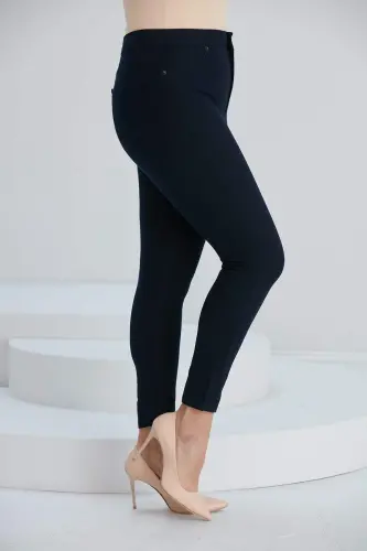 Plus Size Cotton Trousers Navy Blue with Pocket Detail - BÜYÜKBEDENIZ (1)
