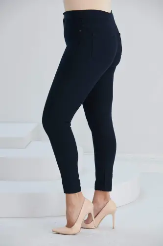 Plus Size Cotton Trousers Navy Blue with Pocket Detail - 3