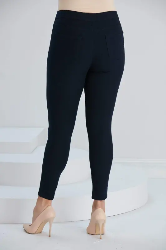 Plus Size Cotton Trousers Navy Blue with Pocket Detail - 4