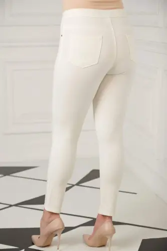 Plus Size Cotton Trousers with Pocket Detail Ecru - 3