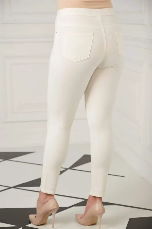 Plus Size Cotton Trousers with Pocket Detail Ecru - 3