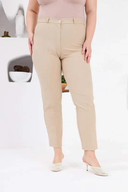 Plus Size Cream Fabric Trousers with Pocket Detail - 9