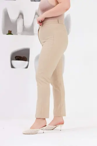 Plus Size Cream Fabric Trousers with Pocket Detail - BÜYÜKBEDENIZ (1)