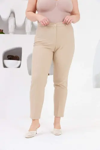 Plus Size Cream Fabric Trousers with Pocket Detail - 4