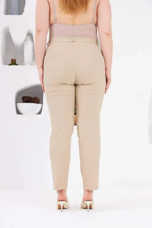 Plus Size Cream Fabric Trousers with Pocket Detail - 5