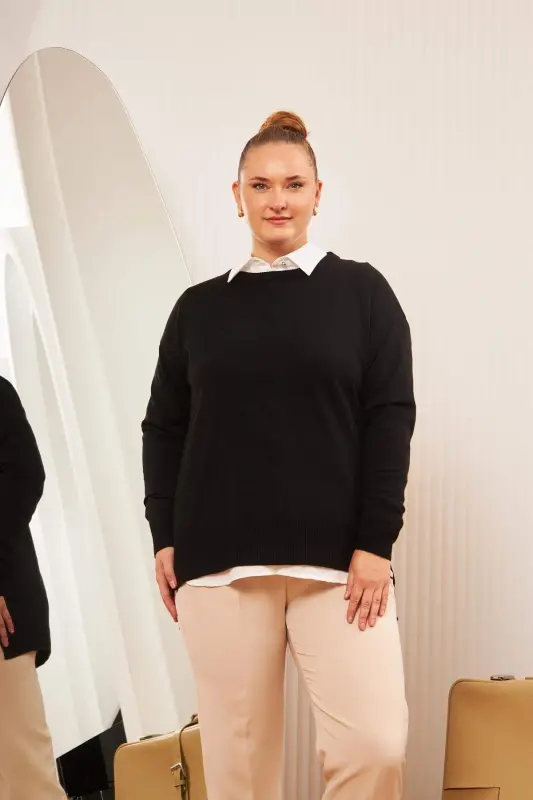Plus Size Crew Neck Knit Sweater Black - BÜYÜKBEDENIZ