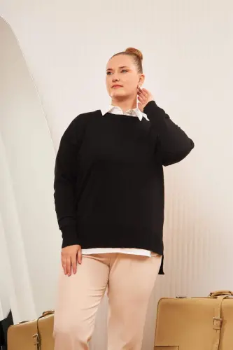 Plus Size Crew Neck Knit Sweater Black - BÜYÜKBEDENIZ (1)