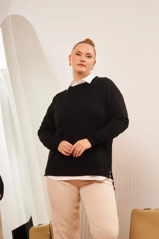 Plus Size Crew Neck Knit Sweater Black - 3
