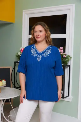 Plus Size Crinkle Blouse with Collar Embroidery and Stone Detail, Saks - 1