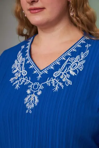 Plus Size Crinkle Blouse with Collar Embroidery and Stone Detail, Saks - BÜYÜKBEDENIZ (1)