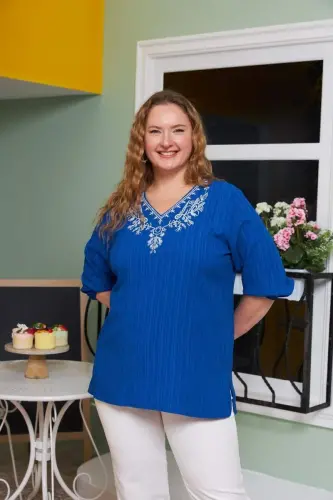 Plus Size Crinkle Blouse with Collar Embroidery and Stone Detail, Saks - 3