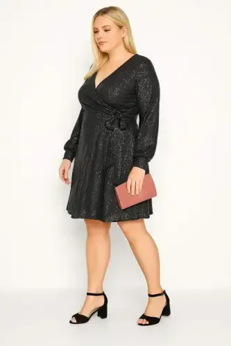 Plus Size Crossover Collar Sequin Embellished Evening Dress Black ND4014 - 1