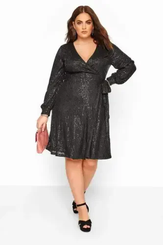Plus Size Crossover Collar Sequin Embellished Evening Dress Black ND4014 - BÜYÜKBEDENIZ (1)
