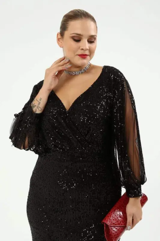 Plus Size Crossover Collar Sequin Evening Dress ND4012 - 2