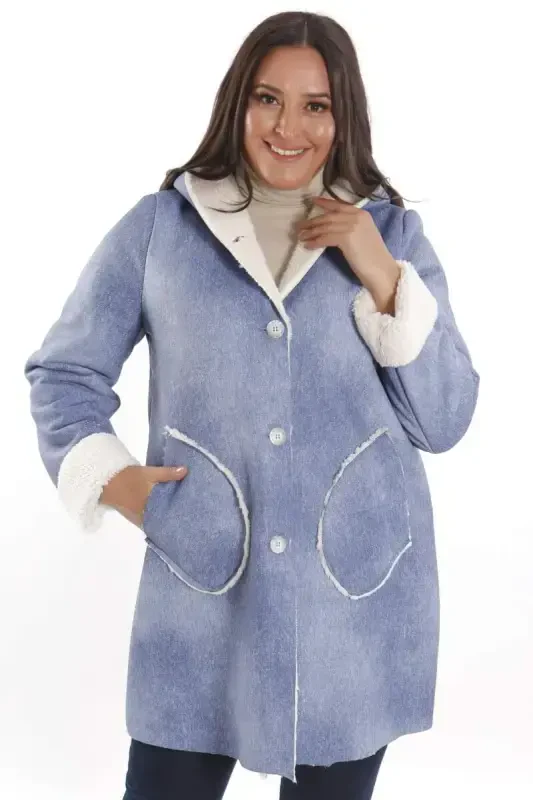 Plus Size Denim Look Hooded Fur Lined Blue Coat - BÜYÜKBEDENIZ