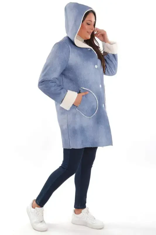 Plus Size Denim Look Hooded Fur Lined Blue Coat - 3
