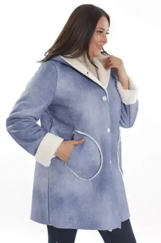 Plus Size Denim Look Hooded Fur Lined Blue Coat - 4