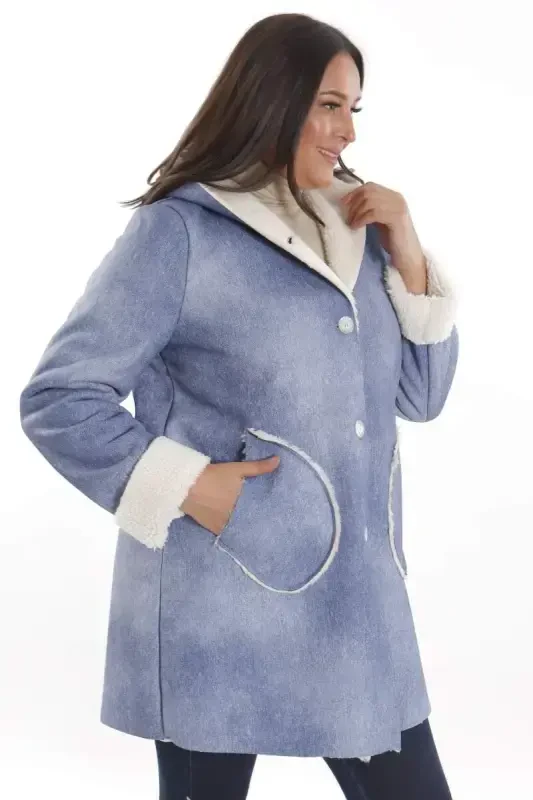 Plus Size Denim Look Hooded Fur Lined Blue Coat - 4