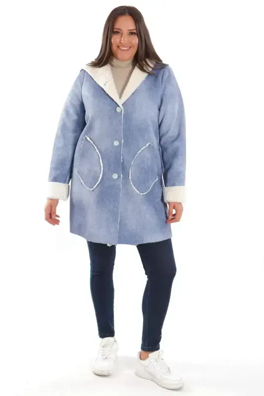 Plus Size Denim Look Hooded Fur Lined Blue Coat - 6