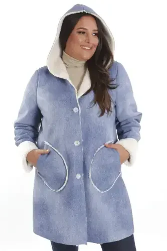 Plus Size Denim Look Hooded Fur Lined Blue Coat - 7