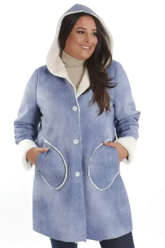 Plus Size Denim Look Hooded Fur Lined Blue Coat - 7