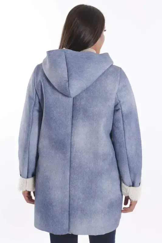 Plus Size Denim Look Hooded Fur Lined Blue Coat - 8