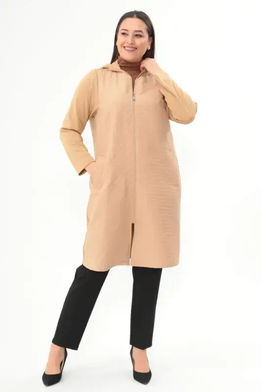 Plus Size Diamond Pattern Zippered Beige Coat - 1