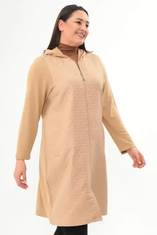 Plus Size Diamond Pattern Zippered Beige Coat - 2