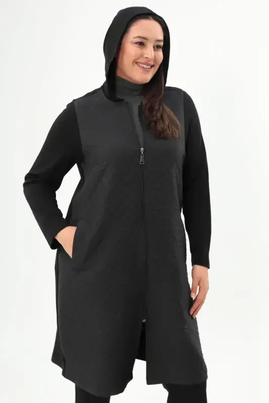 Plus Size Diamond Pattern Zippered Black Coat - 6