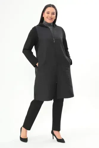 Plus Size Diamond Pattern Zippered Black Coat - 1