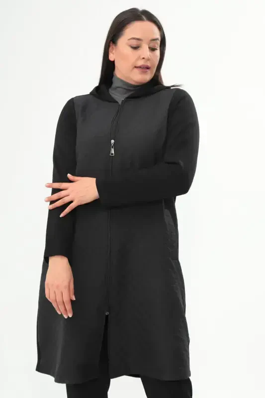 Plus Size Diamond Pattern Zippered Black Coat - 9
