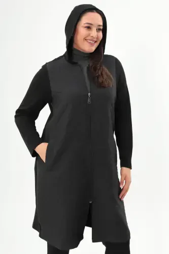Plus Size Diamond Pattern Zippered Black Coat - BÜYÜKBEDENIZ (1)