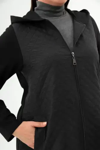 Plus Size Diamond Pattern Zippered Black Coat - 8