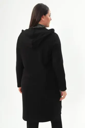 Plus Size Diamond Pattern Zippered Black Coat - 5