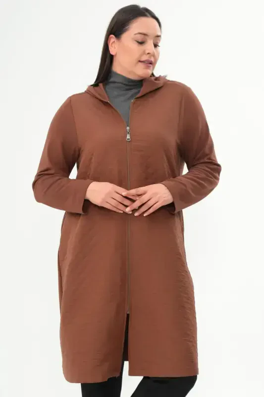 Plus Size Diamond Pattern Zippered Brown Coat - BÜYÜKBEDENIZ