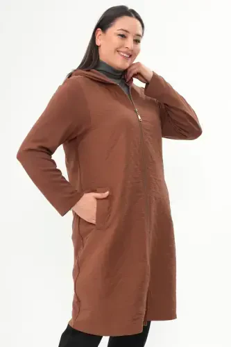 Plus Size Diamond Pattern Zippered Brown Coat - BÜYÜKBEDENIZ (1)