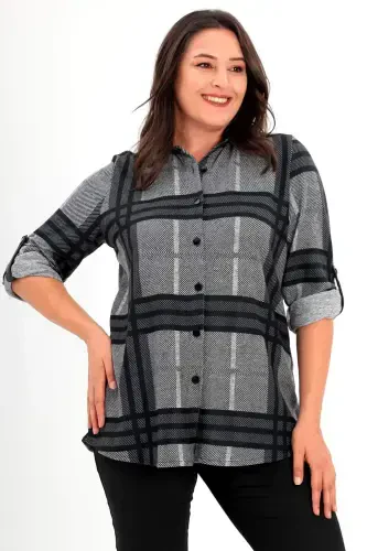 Plus Size Digital Plaid Print Faux Leather Collared Black Shirt - 1